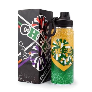 Imagem de BMHHTM Garrafa de água Cheer para meninas 510 g, garrafa esportiva isolada de aço inoxidável com alça, presente de líder de torcida a granel para presentes de time (ouro verde)