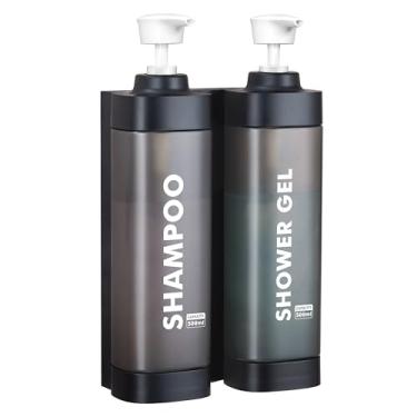 Imagem de Dispensador de xampu e condicionador para parede de chuveiro, dispensador de sabonete corporal sem broca manual PET montado na parede para decoração de banheiro - 500 ml x 2 (preto N-862)
