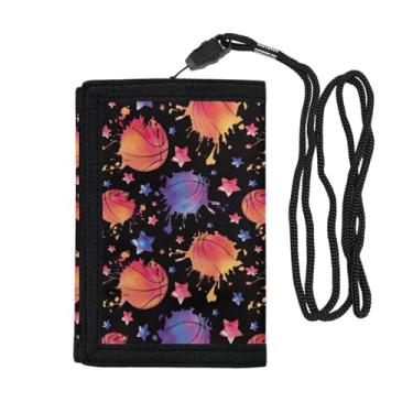 Imagem de Carteira infantil com cordão para meninos pequena e fina com três dobras, porta-cartões modernos com janela para identidade, Basquete