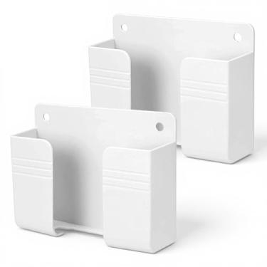 Imagem de LXUEJIE 2 peças de suporte de telefone para parede, suporte de telefone autoadesivo com orifício de recepção de cabo de dados, caixa de armazenamento de controle remoto para quarto, sala de estar