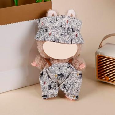 Imagem de Compatível com Labubu 15 cm/17 cm (não inclui boneca) – Conjunto de macacão com estampa de cidade vintage e alças marrons, acessórios de roupa de boneca