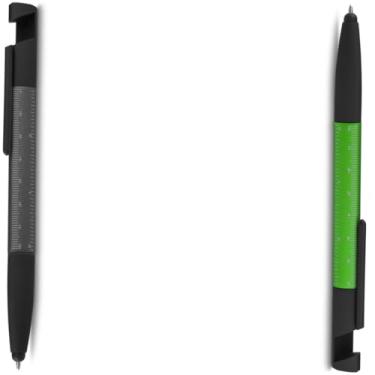 Imagem de Caneta Esferográfica Multifuncional Metálica Azul com Ponta Touch, Chave de Fenda, Phillips, Suporte para Smartphone, Limpador de Tela, Régua, 2 Unidades (Cinza e Verde)