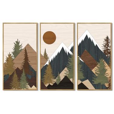 Imagem de KUVIOKE Grande 30,5 x 61 cm Cordilheira de montanhas de madeira paisagem arte de parede emoldurada árvore natureza decoração de parede casa de fazenda impressões rústicas cozinha sala de estar pronto