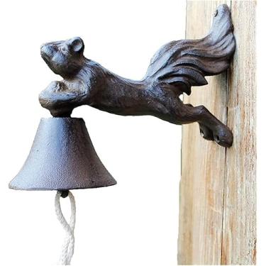 Imagem de Campainha de porta vintage sacudida manualmente sino de parede escultura sino pintado à mão esquilo sino de mão campainha de ferro fundido interior exterior decoração de parede para jardim e casa