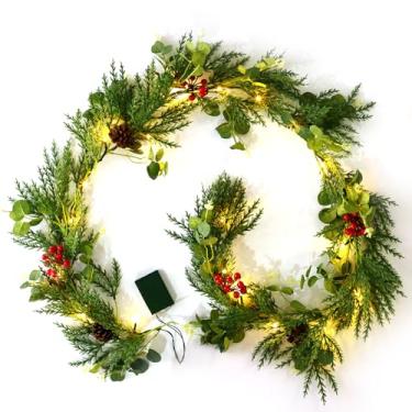 Imagem de Kunibaka Guirlanda De Natal Pré-Iluminada 6 Pés Com Luzes Led, Pinhas Alimentadas Por Bateria, Folhas Eucalipto, Frutas Vermelhas, Agulhas, Decoração Para Lareira.