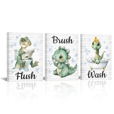 Imagem de Artmyharbor Pintura de banheiro de dinossauro T-rex com pincel nivelado impressões para decoração de berçário 3 peças arte de parede