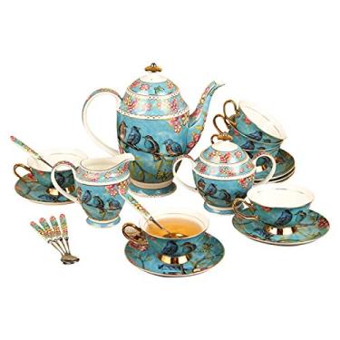Imagem de Conjuntos de chá de porcelana conjunto de xícaras de café de cerâmica com açucareiro, pote de leite e colheres flores vintage e serviço de chá de casamento de pássaros para adultos