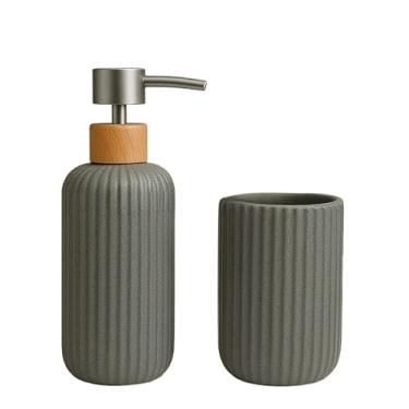 Imagem de Kit Banheiro de Cerâmica 2 Peças – Dispenser Porta Sabonete Líquido e Porta Escova de Dente | Ideal para Lavabo e Decoração Elegante(PETRA CINZA)