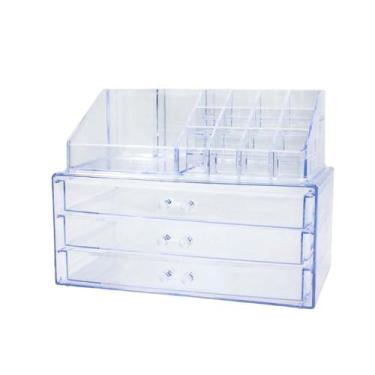 Imagem de Organizador de Maquiagem Acrílico Transparente, Duplo com 3 Gavetas, Porta Batom e Pincel, 18 x 13,5 x 23 cm, para Cosméticos e Acessórios, Lavável
