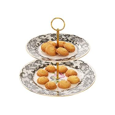 Imagem de Suporte de bolo requintado de 2 camadas, suporte de cerâmica removível para bolo, mesa de sobremesa multicolorida para frutas, cupcakes, sobremesas, prato de bolo