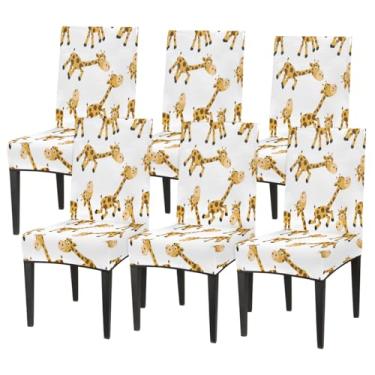 Imagem de Conjunto de 6 capas elásticas para cadeira de sala de jantar, capa protetora de assento de girafa, estampa animal, fofa, removível, lavável, para cozinha, casa, hotel, banquete, festa de casamento