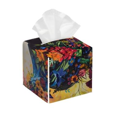 Imagem de Capa quadrada de couro para caixa de lenços à prova d'água, mulher, flor, pássaro, organizador de papel facial colorido com cinto inferior, estojo de lenços para mesa, banheiro, escritório, mesa
