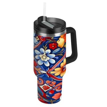 Imagem de Blueangle Copo de cerâmica mexicano de 850 g com alça e tampa de palha, caneca de viagem de aço inoxidável isolada a vácuo de parede dupla, garrafa de água reutilizável para academia de escritório ao