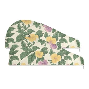 Imagem de SEHANY Toalha de cabelo de microfibra de flores coloridas elegantes para mulheres, 2 peças, turbantes de cabelo de secagem rápida com botão, touca de cabelo seco absorvente toalha de secagem de cabelo