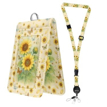 Imagem de Bolimoss Porta-crachá dupla face de borboleta de girassol, crachás de identificação fofos de professor com carretel retrátil, etiqueta de nome de cartão de separação ajustável, protetor de identidade