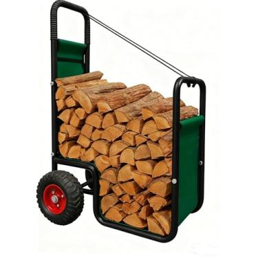 Imagem de Sharellon Carrinho de lenha com rodas – estrutura de metal resistente e tecido 111,8 x 68,5 x 50,8 cm – Carregador de madeira para lareira interna e externa