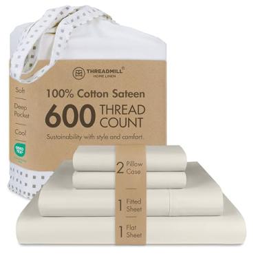 Imagem de Threadmill Jogo de lençol Queen | Lençóis Queen 600 fios para colchão Queen com bolso profundo de 40,6 cm | Conjunto de cama de 4 peças com efeito refrescante | Cinzento-acastanhado