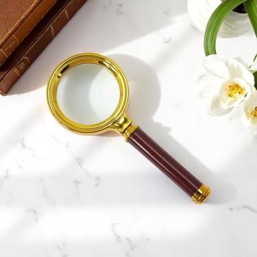 Imagem de Generic 1 lupa portátil com alça de grão de madeira, lente de vidro ABS com ampliação de 10 x, dourado, marrom, 6 cm