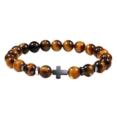 Imagem de INSYOHO Conjunto de 2 pulseiras de cruz olho de tigre dourado madrinha, Virgem Maria, quartzo rosa e padrinho - presentes de Natal para batismo católico para mulheres e homens, One Size, Pedra