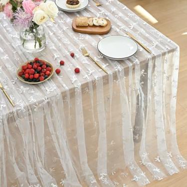 Imagem de Horaldaily Toalha de mesa retangular de gaze com laço de prata branca 132 x 188 cm, folha metálica com glitter e estrela prateada, gaze de tule transparente para festa de casamento e chá de bebê