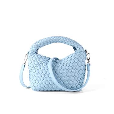 Imagem de Bolsa feminina de tecido pequena, bolsa tiracolo acolchoada de tecelagem, bolsa de ombro quadrada, bolsa de mão de tecido com alça removível, Azul