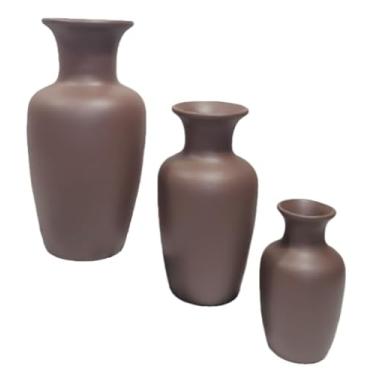 Imagem de Conjunto 3 Peças Kit Enfeite Cerâmica Vasos Sala Completo Decorativas Trio Rack Centro Mesa Colorido(MARROM LISO JAD)
