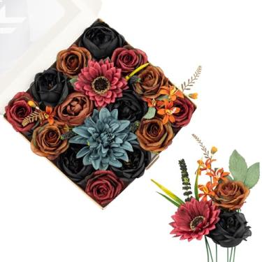 Imagem de FANKO Flores artificiais rosa preta: combinação de flores de seda falsas mistas, marrom, rosa, azul empoeirado, dália, borgonha, girassol, vintage, para buquês de noiva de casamento faça você mesmo