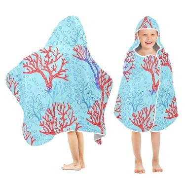 Imagem de Burbuja Toalha de banho com capuz Corals para crianças, toalha de praia de pelúcia macia absorvente para meninas e meninos 3-10 anos, 61 x 127 cm