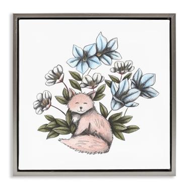 Imagem de Stupell Industries Arte de parede em tela flutuante emoldurada dourada de raposa delicada com flores, design de Cecilia Battaini, 63 x 63 cm