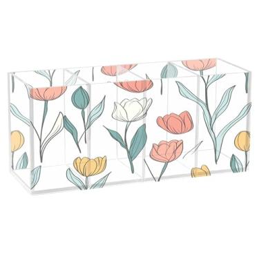 Imagem de Burbuja Cute Paste Tulipas Porta-canetas de acrílico com 4 compartimentos, suporte de lápis transparente para pincéis de maquiagem fixos, acessórios de mesa de escritório em casa