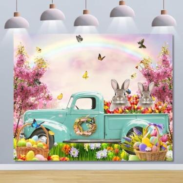 Imagem de Pano de fundo de primavera, Páscoa, 3 x 2,4 m, tecido, jardim, caminhão, flores, coelho, ovos, borboleta, decoração de festa de páscoa, faixa para estúdio fotográfico
