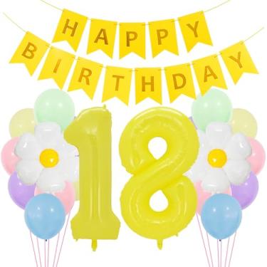 Imagem de Balões amarelos para decoração de aniversário de 18 anos, kit de guirlanda de balões de festa de aniversário de 18 anos com número macaamarelo 18 balões de alumínio amarelo 18 anos decoração para