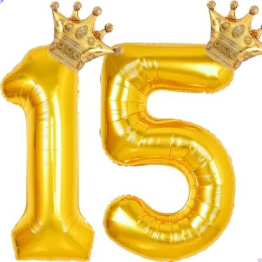 Imagem de 15 balões com números dourados de 101,6 cm para decorações de aniversário de 15 anos para meninas e meninos, balões gigantes jumbo de 15 anos de Mylar