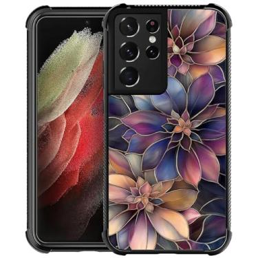 Imagem de CARLOCA Capa rígida compatível com Samsung Galaxy S21 Ultra para meninas e meninos, proteção à prova de choque, antiderrapante, para Samsung Galaxy S21 Ultra Fashion Pattern Dark Purple Gold Flowers