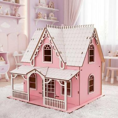 Imagem de Casinha Boneca Rosa Branco Miniatura MDF Barbie Polly 34cm