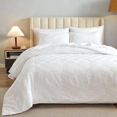 Imagem de BESTCHIC Conjunto de cama king size branco com 7 peças, cama boho, tufada em uma bolsa, xadrez chique e gasto, edredom xadrez para todas as estações com lençóis, fronhas e fronhas