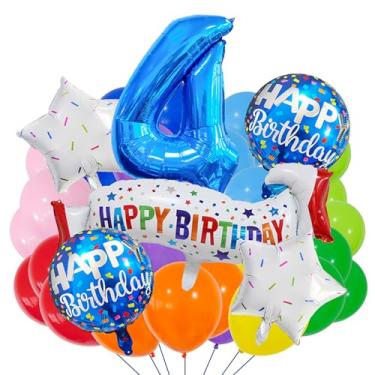 Imagem de Conjunto de suprimentos de 4º aniversário azul, conjunto de decoração de 4 anos colorido, balão de banner de feliz aniversário para meninas, meninos, crianças, adultos, artigos de festa, decoração de