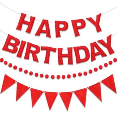 Imagem de LITAUS Conjunto de faixa de feliz aniversário pré-amarrada e guirlanda de feltro - Decorações de aniversário vermelhas para mulheres e meninas | Artigos de festa reutilizáveis para ambientes internos