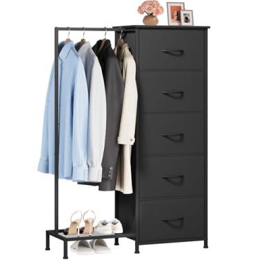 Imagem de Somdot Cômoda com suporte para pendurar, armário pequeno com 5 gavetas para quarto, cômoda de quarto com sapateira, cômoda de armazenamento 2 em 1, torre de armazenamento alta, moldura resistente
