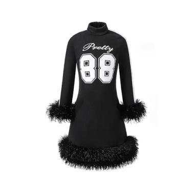 Imagem de Vestido de gola rolê de manga comprida para meninas bonito 88 estampado, acabamento de penas, bainha e bainha, roupa casual de festa de inverno, Preto, 13-14 Anos