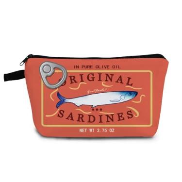 Imagem de YULUENZE Bolsa organizadora de maquiagem pequena para sardinhas enlatadas com zíper design de lata de peixe colorido bolsa de maquiagem presente para amantes de sardinha mulheres amigas