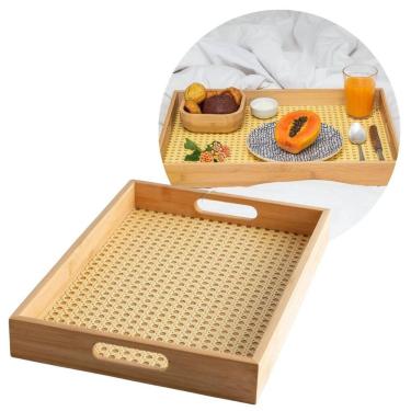 Imagem de Bandeja Retangular Bambu Palha Trançada Premium 40x28cm Multiuso - Fratelli