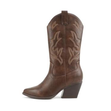 Imagem de Soda Orville ~ Botas femininas estilo caubói ocidental costurado bico fino salto cano médio cano médio, Marrom PU, 34