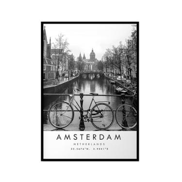 Imagem de Impressão de pôster de viagem preto e branco paisagem da cidade do mundo pintura em tela Amsterdã imagem de arte de parede decoração de casa (16 x 24 polegadas (40 x 60 cm), moldura para fotos)