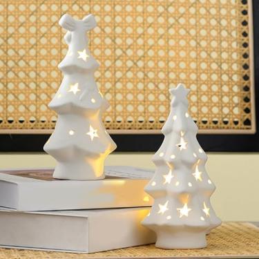 Imagem de VBESTLIFE Árvores de Natal de Cerâmica Branca que Acendem, árvore de Natal de Porcelana Com Luzes, Estrelas e Pontos Recortados Mesa Pré-iluminada para Decoração de Natal, (Estrela 17,9x9cm /