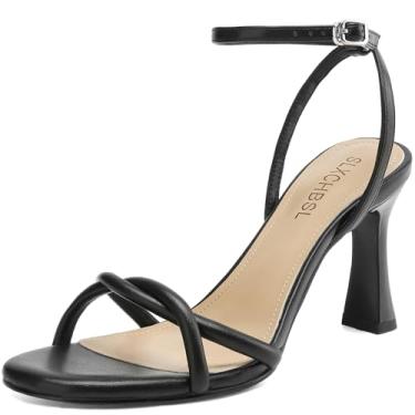 Imagem de SLXCHBSL Sandália feminina de bico redondo com tiras com salto alto grosso de 7,6 cm com tira ajustável no tornozelo, confortável, bico aberto, sapato social para festa de casamento ou formatura