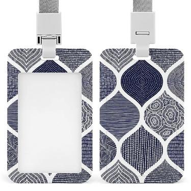 Imagem de Porta-crachá de identificação de azulejos marroquinos ondulados azul escuro e branco sem costura com cordão, suporte de cartão de plástico com clipe de pressão removível para escritório de estudante