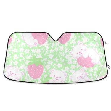 Imagem de Guarda-sol personalizado bonito ursos brancos morangos verde carro para-brisa bonito retrátil dobrável caminhão auto carro sombra para para-brisa dianteiro M, 139.7 cm x 70.1 cm