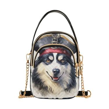 Imagem de Bolsa de ombro transversal com abóboras em aquarela, bolsa transversal feminina, bolsa transversal para mulheres, Cachorro Husky fofo usando um chapéu de pirata, One Size