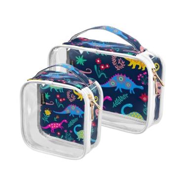 Imagem de GAIGEO Conjunto de 2 sacos de higiene pessoal transparentes para cervos da floresta de Natal de inverno, bolsa de cosméticos portátil com alça, bolsa de viagem para produtos de cabelo, Dinossauros